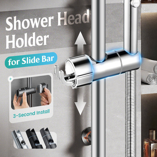 Hole-free shower head bracket with sliding sleeve, adjustable height rod, hook and mounting bracket for shower unit and shower head