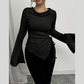 Funnel Neck Flare Sleeve Knit Top with Side Drawstring