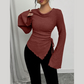 Funnel Neck Flare Sleeve Knit Top with Side Drawstring