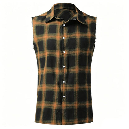 👔 50% OFF NOW!🔥 Men's Plaid Sleeveless Shirt – Raw Edges & Button-Down – 7 Colors Available 🕶️