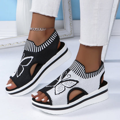 📢📢40% OFF !! ⏰Women Fly-Knit Peep-Toe Platform Wedge Sandals, Breathable Arch Support Cushioned Slip-On Summer Beach Holiday Shoes