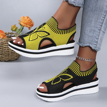 📢📢40% OFF !! ⏰Women Fly-Knit Peep-Toe Platform Wedge Sandals, Breathable Arch Support Cushioned Slip-On Summer Beach Holiday Shoes