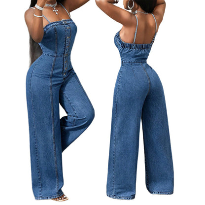 🥳2026 HOT SALE💞Women Spaghetti Strap Wide Leg Denim Jumpsuit