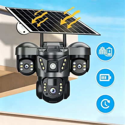 📡 Triple lens. Zero blind spots. Full coverage. Solar‑powered WiFi security camera — one device, three views. ☀️