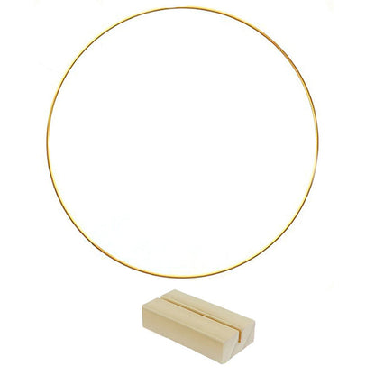 🌸 50% OFF! ✨ Gold-Tone Decorative Hoop with Wooden Stand – Customizable Table Centerpiece with LED String, Reusable Design for Flowers, Ribbon & Greenery – Elegant Iron & Pine Wood Craft for Events & Everyday Decor 🎀